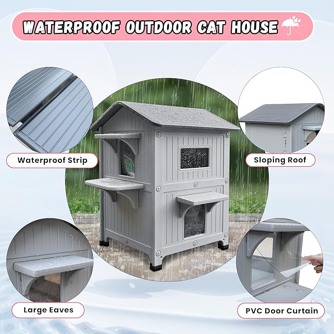 100% Insulated Outdoor Cat Houses for Winter, Waterproof 2 Story Outdoor Cat House with Insulated Liner, Outside Feral Cat Shelter for Outdoor Cats, Easy to Clean-Grey