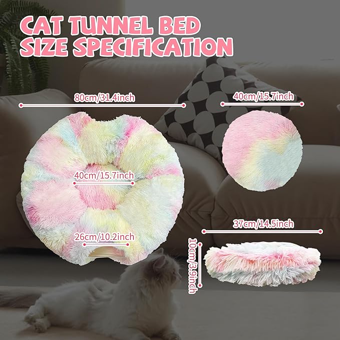 Cat Tunnel Bed with Furry Soft Mat,Cat Donut Tunnels for Indoor Kitten Large Cats to Chase and Play, Peekaboo Tube Cat Cave Toys,Foldable & Easy to Store,Diameter 31.5" (Rainbow Color)