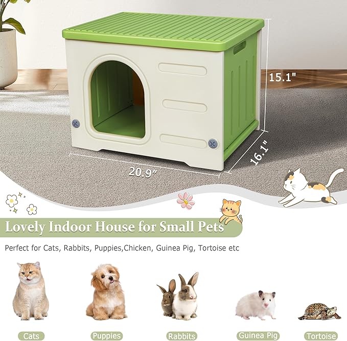 Deblue Plastic Cat House for Indoor Outdoor, Weatherproof Outdoor Cat House for Feral Cats, Unique Outside Cat Shelter for Small Pet, Easy to Assemble and Clean, Large Space - Green