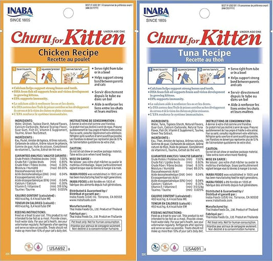 INABA Churu for Kittens, Creamy, Purée Lickable Cat Treats with DHA, EPA, Vitamin E & Taurine, 0.5 Ounces Each, 48 Tubes (4 per Pack), Tuna and Chicken Variety