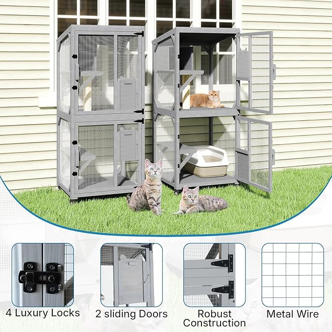 Catio Outdoor Cat Enclosure, Cat Patio Enclosure with 3 Platforms, Cat Condo Outdoor, Wooden Movable Cats Cage with 4 Wheels, Large Outdoor Cats House