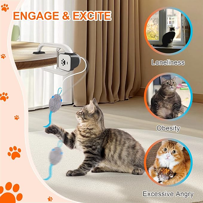 Cat Toy, Upgraded Smart Interactive Cat Toys with Remote Control, USB Rechargeable Door Hanging Retractable Kitten Toy for Self Play, Teaser Electronic Feather Cat String with 3 Plush Mice