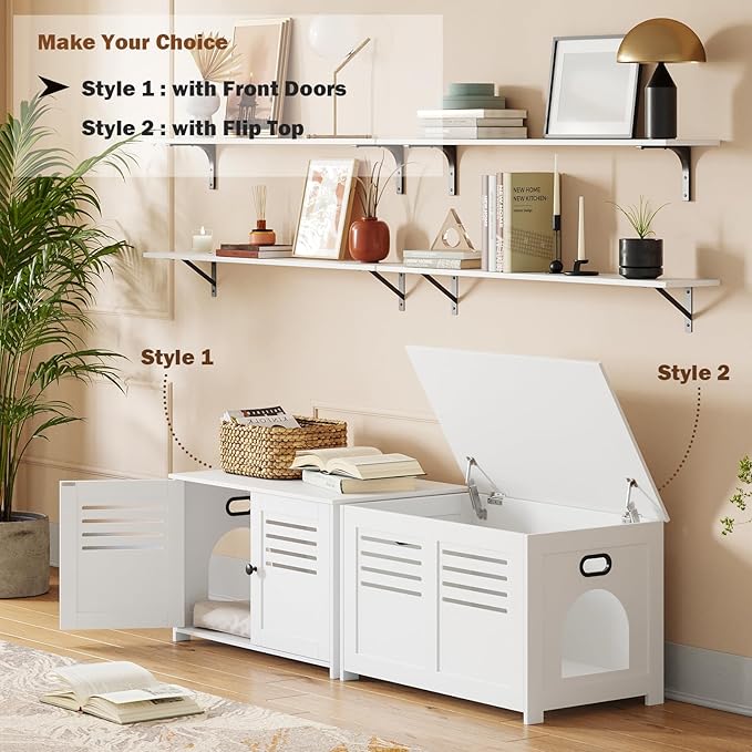 DINZI LVJ Litter Box Enclosure, Cat Litter House with Louvered Doors, Entrance Can Be on Left or Right, Large Hidden Cat Washroom for Most of Litter Box, Furniture Cabinet, White