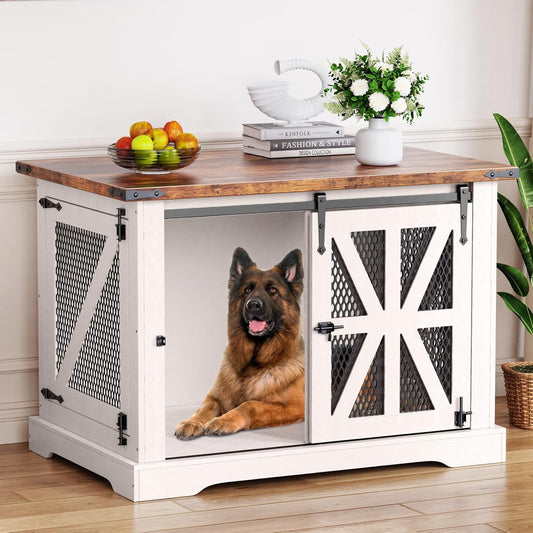VOPEAK 43.3" XL Dog Crate Furniture, Chew Resistant Dog Crate for Medium Large Dogs, Heavy Duty Extra Large Dog Crate Dog Kennel Indoor with Double Doors, Wooden End Table for Living Room, White