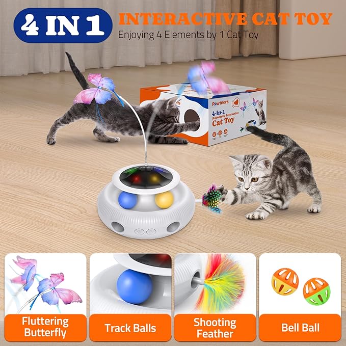 Pawtners Interactive Cat Toy: 4 in 1 Automatic Interactive Kitten Toys for Indoor Cats Rechargeable with Fluttering Butterfly, Track Balls and Ambush Feather