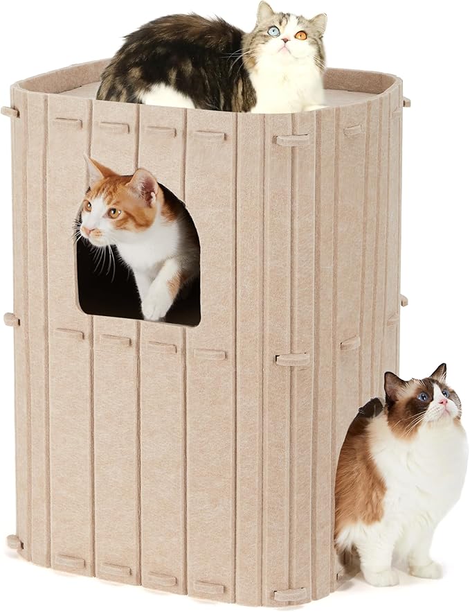 FUKUMARU Cat House for Indoor Cats, 2-Storey Large Cat Bed Cave, Cozy Felt Covered Cats Tunnel Condo Hideaway for Multicats, 17.72x14.37x23.62 inches, Beige