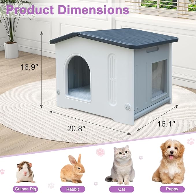 Rockever Plastic Outdoor Cat House with Escape Door, Waterproof Cat Shelters for Feral Cats Indoor Cat House with Mat, Sturdy Cat House for Outdoor Cats, Assemble Easily-Grey
