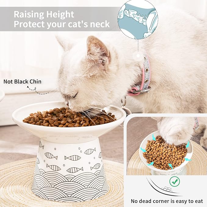 OMAYKEY 6.25 Inch Extra Wide Ceramic Raised Cat Bowls, Elevated Cat Bowls for Food & Water, Wide Shallow Cat Food Dish, Whisker Fatigue, Stress Free, Protect Spine, Black & Green Fish