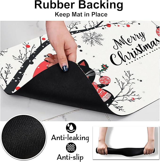 Christmas Black Cat Pet Feeding Mat-Quick Dry Absorbent Dog Cat Food Mat, Anti-Slip Water Bowl Mats for Messy Eaters-No Stains Indoor Pet Accessories 16"x24"