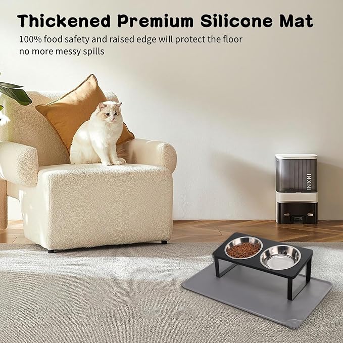Upgraded Elevated Cat Bowls with Food Mat,15°Tilted Stand Anti Vomiting Raised Cat Dishes for Food and Water,2 Stainless Steel Bowls for Cats and Puppy（Black）