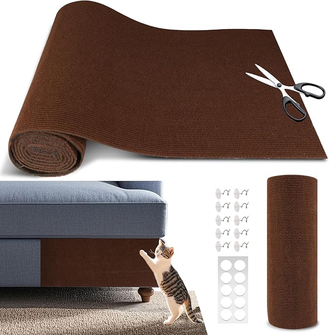Cat Scratch Furniture Protector, 78.7"x15.8" Self Adhesive Cat Scratch Mat Pad,Cut to Fit DIY Replacement Carpet for Tree,Wall,Bed,Door, Couch Protector (Brown)