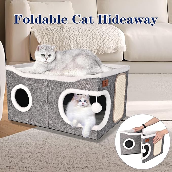 Extra Large Cat Beds for Indoor Cats, Covered Cat Cave Beds & Furniture with Scratch Pad and Fluffy Ball, Foldable Condo Hideaway with Reversible Cushion for Multi Small Pet Large Kittens, Grey