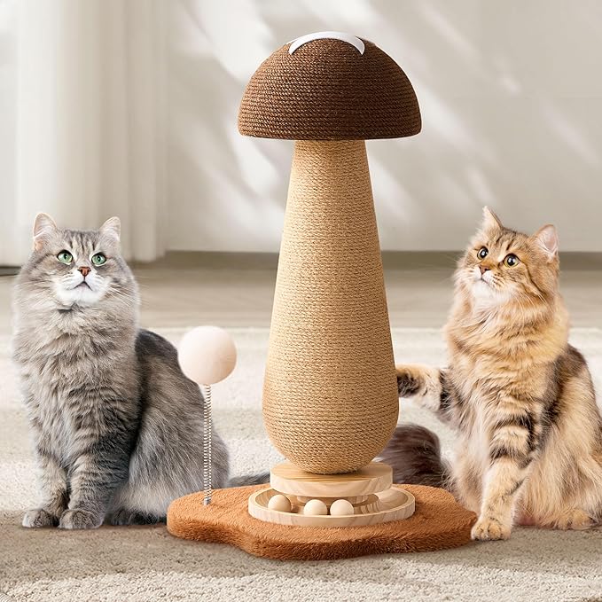 21.5‘’ H Cat Scratching Post with Catnip,Cute Mushroom Cat Scratcher Post with Durable Natural Solid Wood Turntable Toy,Acorn Brown Mushroom Shape Cat Toy Cat Sisal Scratcher for Indoor Cats