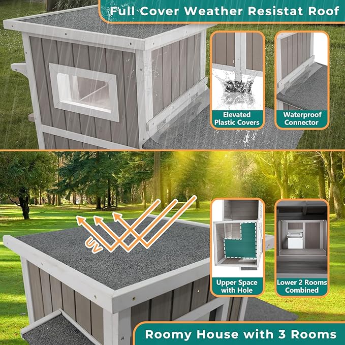 Cat Houses for Outdoor Cats Outside Feral Cat Shelter Weatherproof Wooden Cat Houses for 2-3 Cats with 3 Rooms 3 Escape Doors 2 Openable Asphalt Roofs
