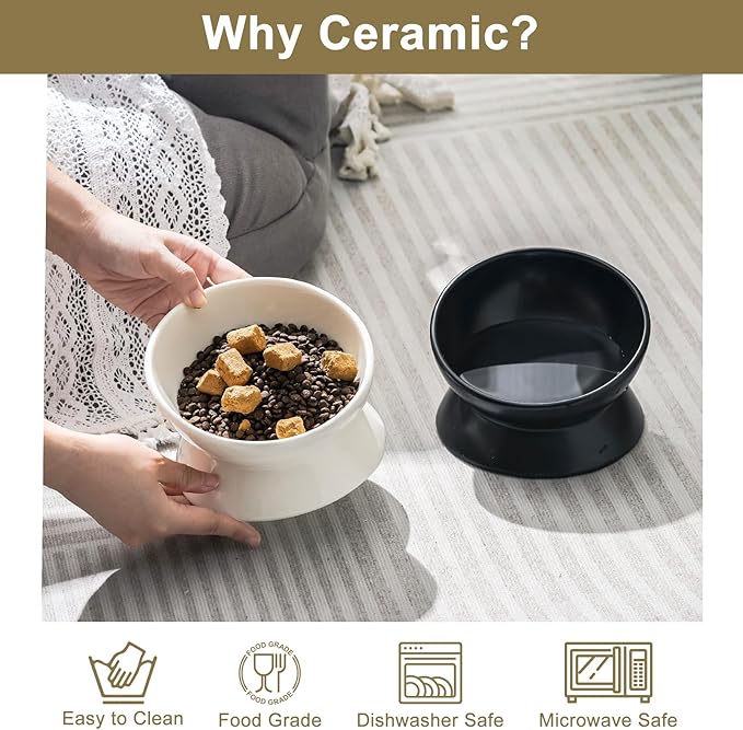 YauYik Cat Bowl Elevated Tilted - Ceramic Raised Cat Food Bowl for Cats and Small Dogs - 6 Inches Stress Free Whisker Friendly Pet Dish, Anti Vomit & Reduce Neck Burden Feeding, White, 10 Oz