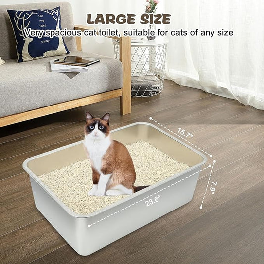 Rypet 2Packs Stainless Steel Litter Box Metal Litter Box for Cats High Back Litter Boxes Non-Stick Cat Poop Box，Easy to Clean(23.6"*15.8"*7.9")