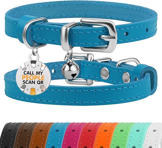 BRONZEDOG Leather Cat Collar with Removable Bells Non Breakaway Kitten QR Tag for Girl Boy (7" - 9" for Cats, Blue & Silver)