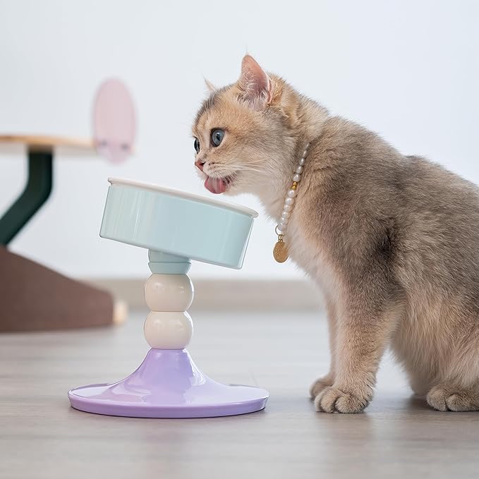 Ceramic Elevated Raised Cat Bowls,3 Heights Adjustable Raised Dog Bowl Stand for Indoor Cats and Small Dogs,15° Tilted Cat Food Feeding Dishes，Adjusts to 4.69", 5.98", 7.28" (Pink & White)