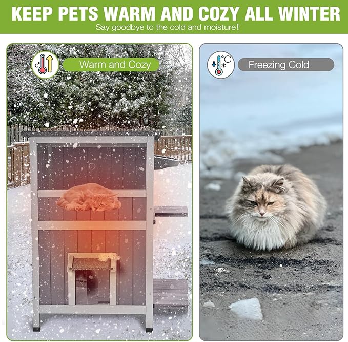 GUTINNEEN 2-Story Heated Cat House Large Outdoor Insulated Cat House Weatherproof Feral Cat Shelter with Heated Pad, Insulated All-Round Thermal Liner for 1-4 Cats (Winter-Ready)