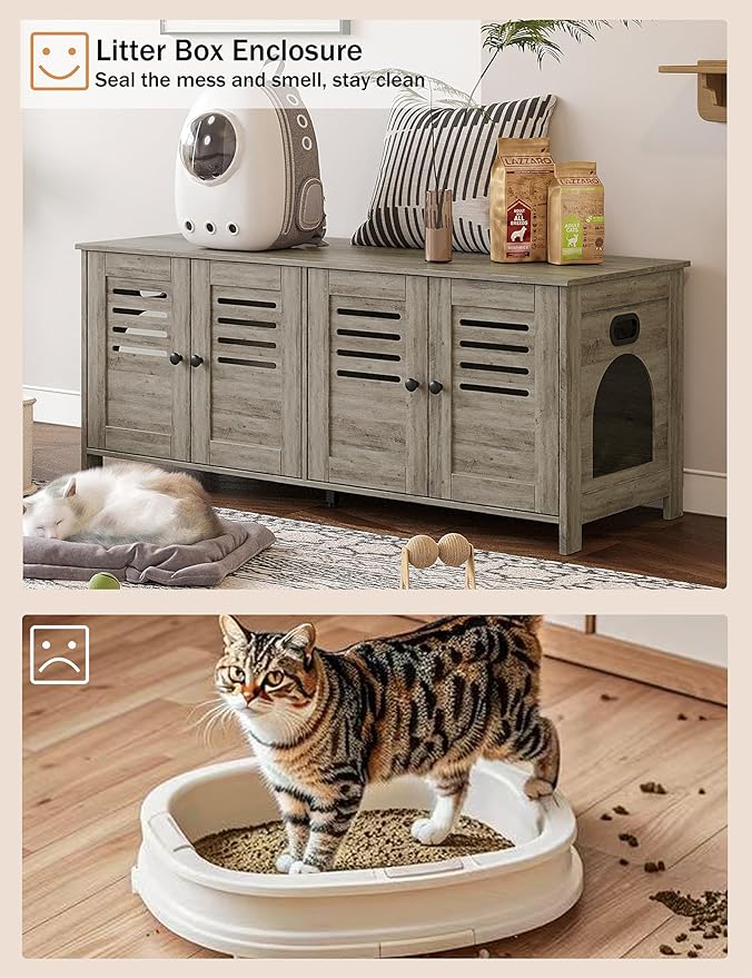 DINZI LVJ Litter Box Enclosure for 2 Cats, Hidden Litter Box Furniture with Double Rooms, Dual Cat Litter House, Front Doors, 47.2" Wooden Hidden Cat Washroom, Side End Table, TV Stand, Gray Wash