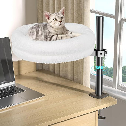 Cat Desk Bed, Supports Up to 50 lbs, Comfortable Soft Perch, Nest Bed Attachment Round Cat Hammock for Desk 360° Rotating & Adjustable Height (White)