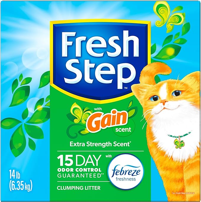 Fresh Step Clumping Cat Litter with Febreze Gain Scent, Long Lasting Odor Control Kitty Litter with Activated Charcoal, Low Dust Formula, 14 lb
