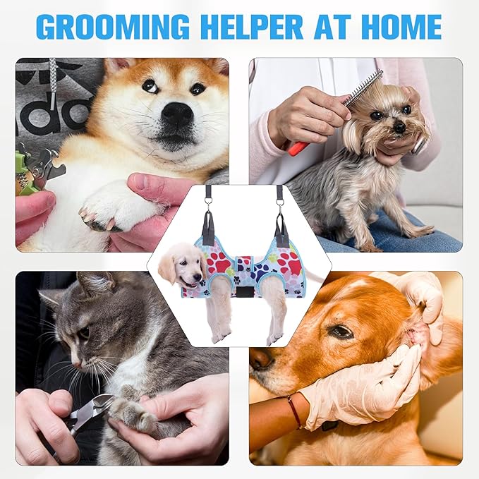 PAWCHIE Dog Grooming Hammock Harness for Dogs & Cats with Pet Nail Clipper Trimmer - Cat Hanger Sling for Trimming Clipping Nails- Dog Hammock Restraint Bag for Small Medium Large Dog, Blue M