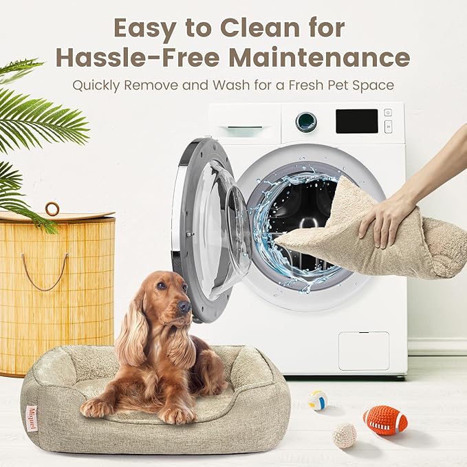 Miguel Faux Linen Dog Bed with Removable Cushion Pillow for Medium Small Dogs, Washable Pet Bed with Side Easy to Wash Puppy Bed, Rectangle Cat Bed for Indoor Cat with Anti-Slip Bottom, Beige 35 Inch