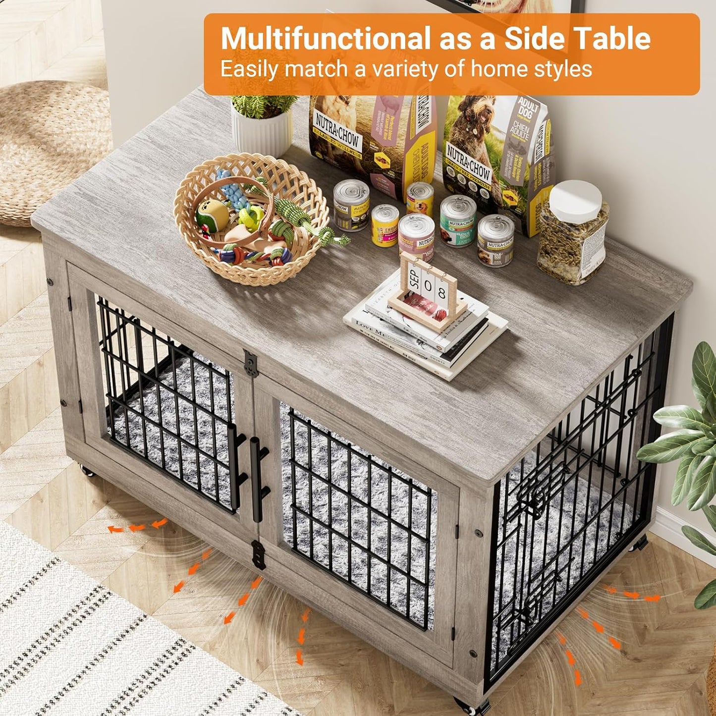 Lulive Large Dog Crate Furniture, 38'' Wooden Dog Crate End Table, Double Door Dog Kennel Indoor with Cushion & Wheels, Decorative Dog Cage House Chew-Resistant for Large/Medium, Grey