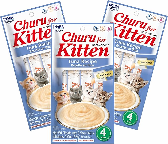 INABA Churu for Kittens, Grain-Free Creamy, Purée Lickable Cat Treats with DHA, EPA, Vitamin E & Taurine, 0.5 Ounces Each, 12 Tubes (4 per Pack), Tuna Recipe