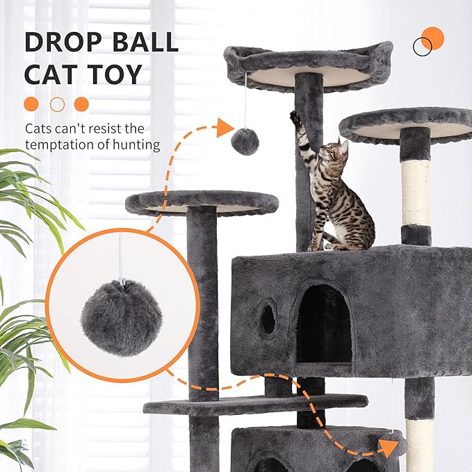 BestPet | 54" Cat Tree Tower | Light Gray | Sturdy, Easy to Assemble, Multi-Level Activity Center with Sisal Scratching Posts, Condos, Perches, Hanging Cat Toys, Observation Decks & Ladder