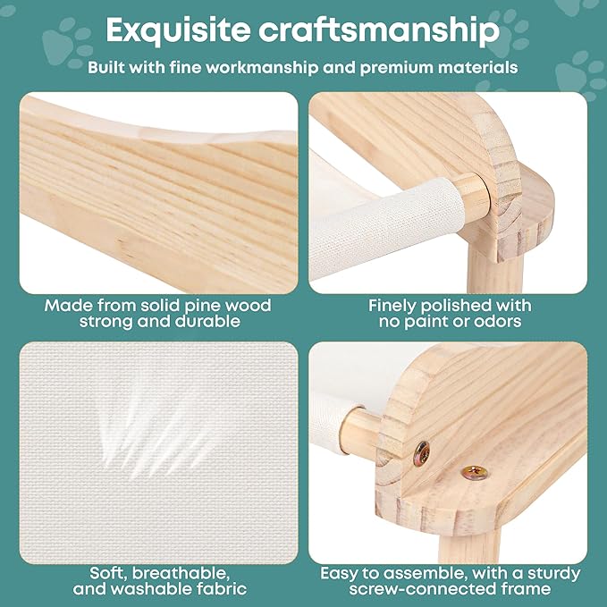 Elevated Wooden Cat Bed – 24"x15.7"x5.9" Breathable Hammock Pet Bed for Indoor/Outdoor Use, Raised Dog Lounger for Small Pets Like Kittens, Puppies, Rabbits, and Bunnies(White-1)