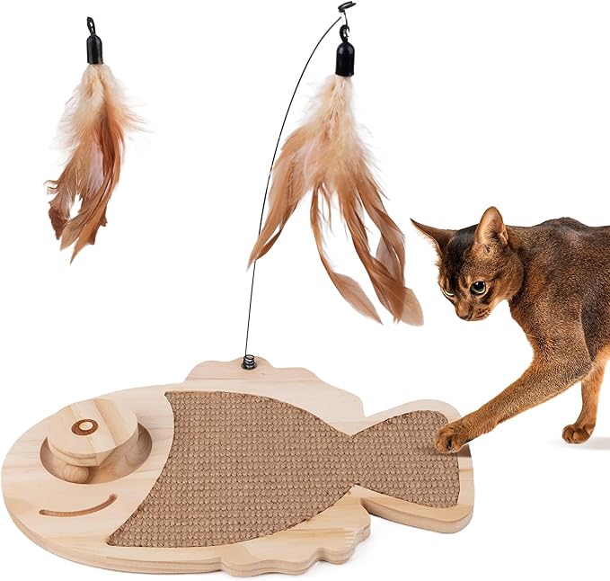 Pawise Cat Scratcher,Fish Shaped Cat Scratcher Toy,Natural Sisal Cat Scratching Board with Feather Teaser and Wooden Roller Ball Toy,Interactive Cat Toy for Indoor Cats,Kittens,+Replacement Feather