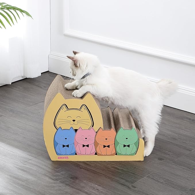 CSR1005A Kazoku 15.63" Modern Cardboard 5-in-1 Family Cat Cave Scratcher with Catnip and Pull-Out Design, Multi-Colored