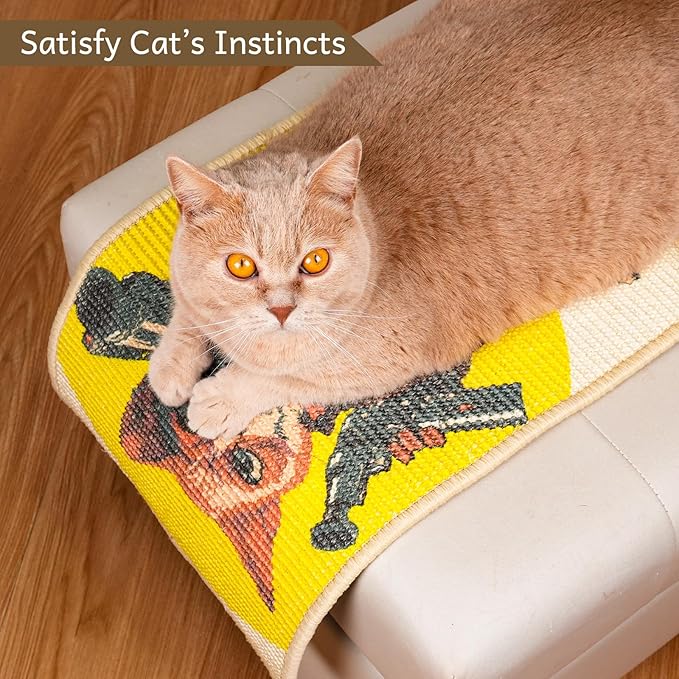 SOLDAY Sisal Cat Scratcher Mat 22x13 inch for Floor Wall Carpet Couch Furniture, Cat Scratching Posts Board with Velcro Tape, Anti Scratch Furniture Protector(Pistol Cat)