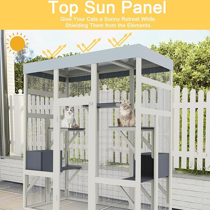 70inch Catio Outdoor Cat Enclosure, Outdoor Catio Condo Enclosure, Wooden Cats Cage, Large Outside Cats House Weatherproof with 5 Platforms and 2 Resting Boxes.