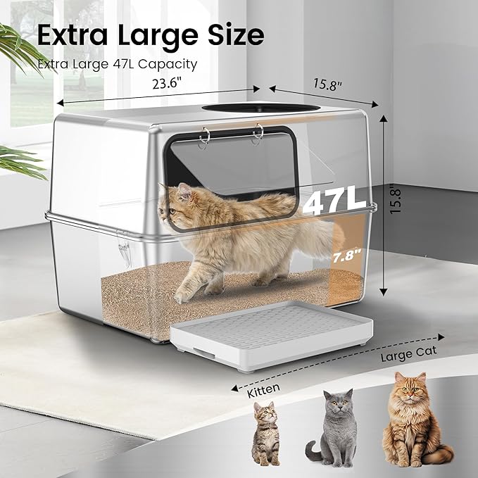 Stainless Steel Litter Box with Lid – Dog Proof, XL Enclosed Metal, High Side, Odor Control, for Big Cats & Multi-Cat Household, Black, Dubble Entry (Top and Side)