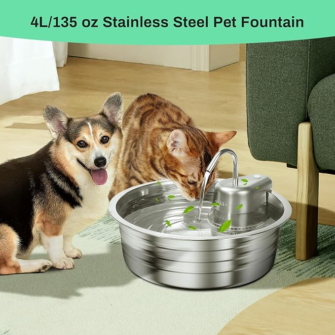 Cat Water Fountain, 4L/135OZ Stainless Steel Pet Fountain with 6 Filters & 6 Sponges Dog Water Dispenser, Dog Water Bowl Cat Drinking Fountains Watering Supplies with Ultra-Quiet Pump for Pets Indoor