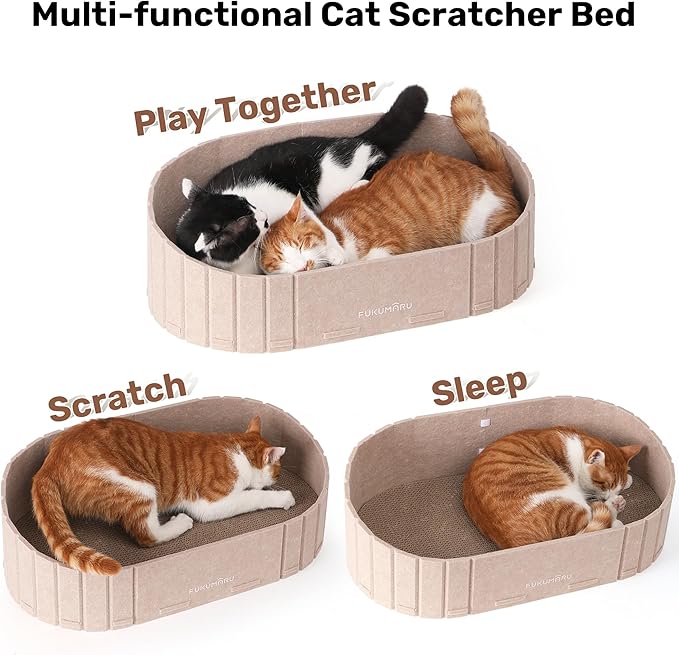 FUKUMARU Cat Scratcher, 24 Inch Sofa Shape Cat Scratching Bed, Reversible Detachable Cats Scratching Board, Round Cats Scratch Pads Refill Indoor, Beige