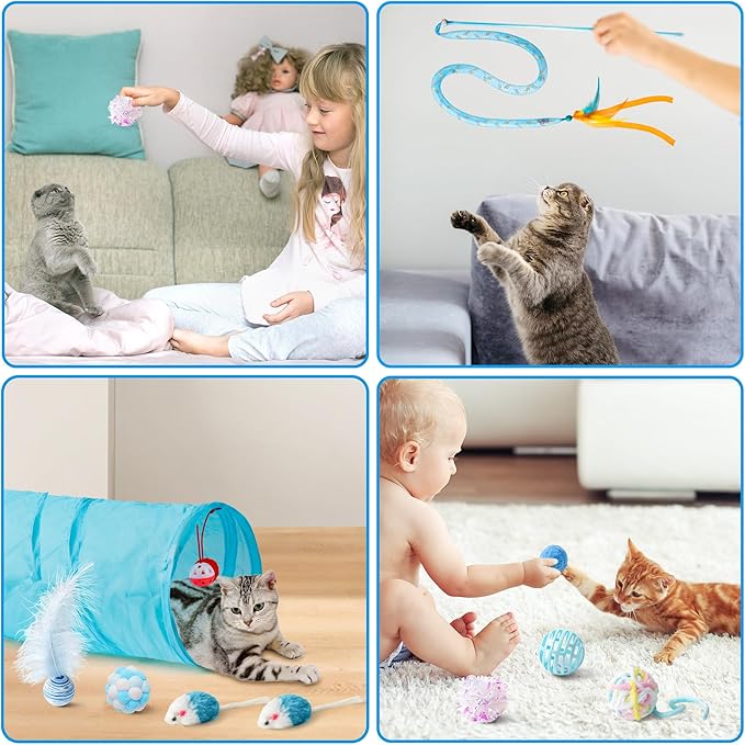 MALLMALL6 11Pc Cat Toy Set - Interactive Pack with Foldable Tunnel, Feather Teaser Wand, Springs, Mice, Crinkle Balls & Pet Bell Balls - Puzzle Toys for Indoor Cats - Gift (Blue)