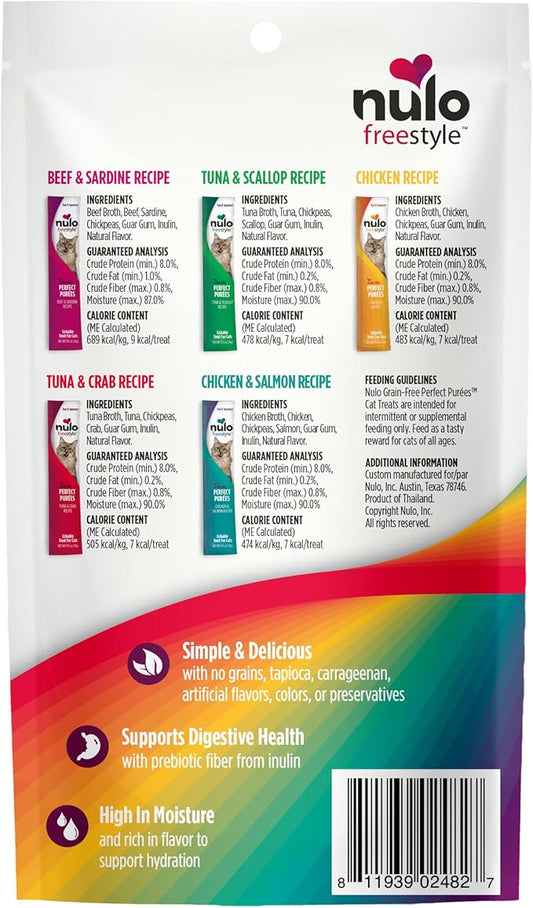 Nulo Freestyle Grain-Free Perfect Purees Premium Wet Cat Treats, Squeezable Meal Topper for Felines, High Moisture Content to Support Hydration, 0.5 Ounces in each Lickable Wet Cat Treat Pouch