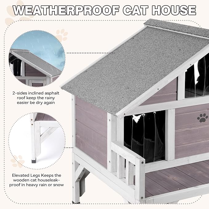 Outdoor Cat House Weatherproof Feral-Cat-Shelter for Winter Large Wooden Pet House for Multiple Cats,with Balcony Escape Doors,Gray