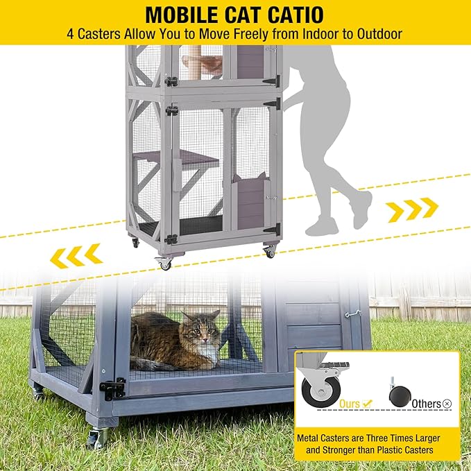Cat House Outdoor Catio for Catis Mobile Enclosures on Wheels Large Cat Cage with Waterproof Cover,Resting House,62.8"