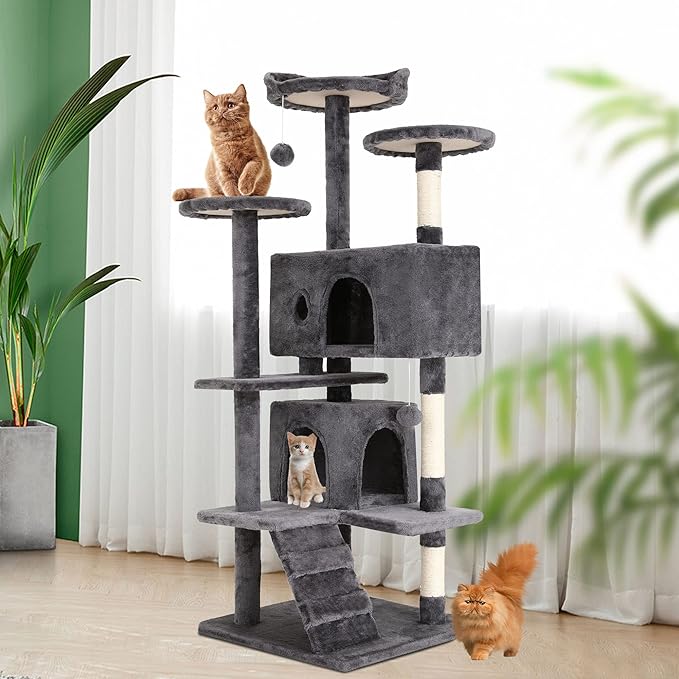 BestPet | 54" Cat Tree Tower | Light Gray | Sturdy, Easy to Assemble, Multi-Level Activity Center with Sisal Scratching Posts, Condos, Perches, Hanging Cat Toys, Observation Decks & Ladder