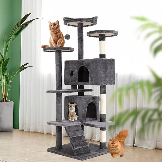 BestPet | 54" Cat Tree Tower | Light Gray | Sturdy, Easy to Assemble, Multi-Level Activity Center with Sisal Scratching Posts, Condos, Perches, Hanging Cat Toys, Observation Decks & Ladder