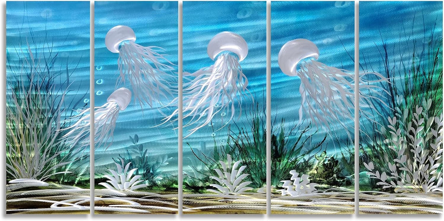 SYGALLERIER Coastal Metal Wall Art Handcrafted 3D Jelly Fish Aluminum Artwork Modern Sea World Pictures Contemporary Abstract Sculpture for Living Room Bedroom Bathroom Decor