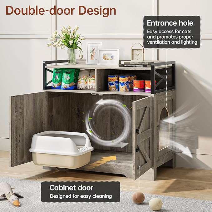 Cat Litter Box Enclosure Furniture - Hidden Litter Box Cabinet with Scratch Pad & Odor Control | Farmhouse Style End Table for Cats | Discreet Cat Washroom for Living Room & Bedroom Grey