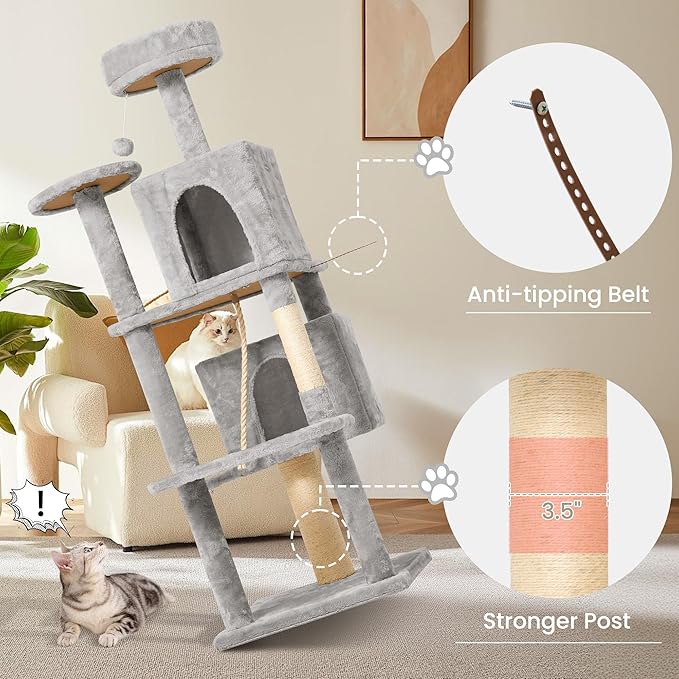 58.5inch Large Cat Tree Tower Condo for Indoor Cats, Soft Plush Multi-Level Climbing Tree Cat House with 1 360° Rotating Cat Cave, Scratching Post, More Entrance/Exit, Sisal Rope, Light Grey