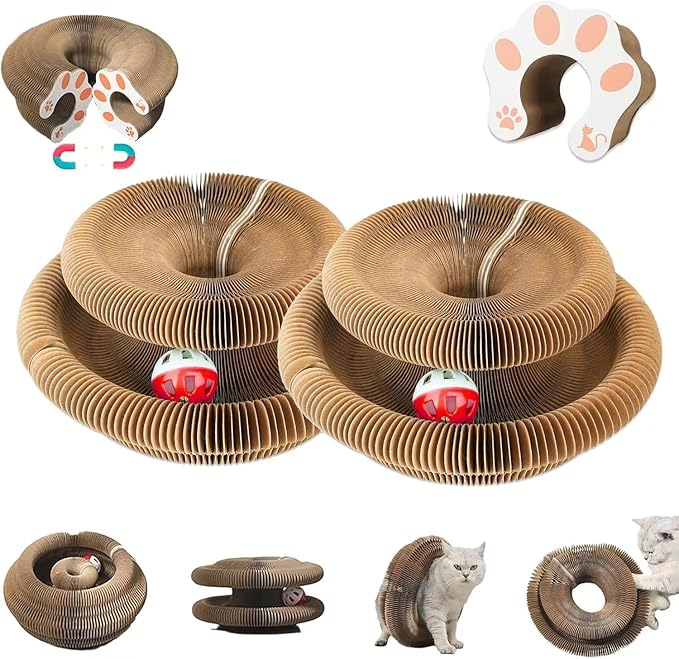 Kitty Kurlz Cat Toy, Magic Organ Cat Interactive Scratcher Cardboard with Bell Ball, Foldable & Changeable Accordion Shape Exercise Anxiety Relief Toy for Indoor Cats(2PCS)