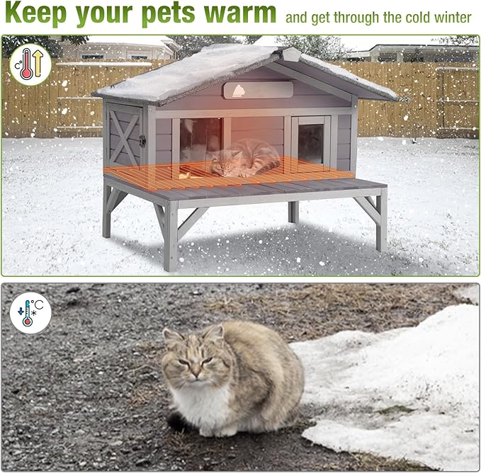 GUTINNEEN Heated Outdoor Cat House Weatherproof Large Cat Shelter with 100% Insulated Liner for Multiple Cats, Cat Houses for Indoor Cats（Grey）